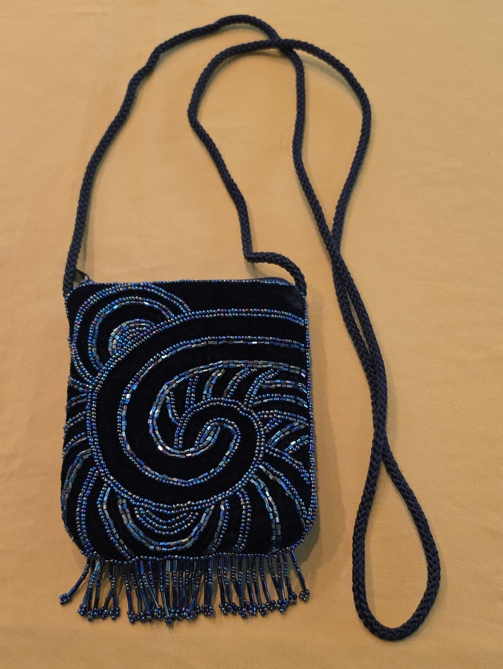 Vintage Black Velvet Beaded Crossbody Evening Bag ▪︎ Iridescent Tassel Fringe